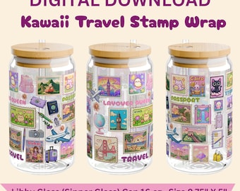 Kawaii Travel Stamp Wrap | 16 oz. Libby Glass Can Wrap | Digital Download | Instant Download | Transparent Background | Size: 9.75" x 5"