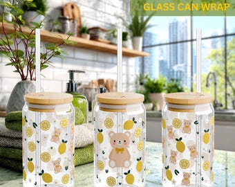 Cute Lemon Teddy Bear Glass Can Wrap PNG Kawaii Summer Libbey Cup Wrap | Lemon Bear Sipper Glass Design | 16 oz UV DTF Sublimation Download