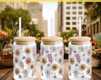 Pastel Wildflower Glass Can Wrap PNG | Floral Summer Libbey Cup Wrap | Cute Daisy & Sunflower Design | 16 oz UV DTF Sublimation Download