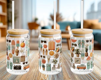Summer Libby Glass Can Wrap PNG | 16oz Iced Coffee Cup Wrap | Beach Vacation Retro Aesthetic | Digital Download for Glass Can | Tumbler Wrap