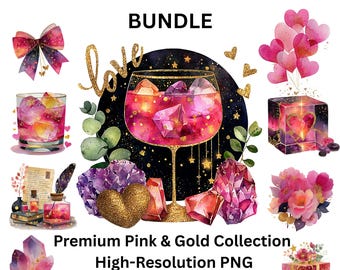 Valentine Galaxy Clipart Bundle Volume 1 | Pink Gold Love PNG Set | Romantic Hearts, Cocktails, Ice Cubes, Florals & Sparkle Elements