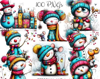 ColorBurst Christmas Snowman Clipart | Whimsical Winter Characters PNG | Bright Cute Snowmen, Animals, Lanterns, Gifts | 300 DPI Sublimation