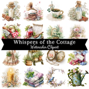 70 aquarel cottagecore-clipart png | Vintage boerderij bloemenafbeeldingen | Theekopjes, boeken, wilde bloemen | Rustiek esthetische digitale download
