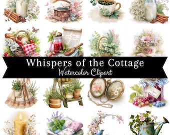 70 Watercolor Cottagecore Clipart PNG | Vintage Farmhouse Floral Graphics | Teacups, Books, Wildflowers | Rustic Aesthetic Digital Download