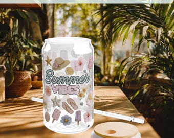 Sunshine & Sand Glass Can Wrap PNG | 16 oz Libbey Cup Wrap Design | Pink Beachy Summer Sublimation | UV DTF Sipper Glass Digital Download