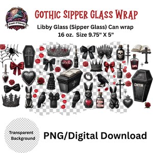 Peut inclure: Téléchargement numérique avec des illustrations gothiques pour un emballage de verre à siroter. Le design comprend un cercueil, un corbeau, un cœur, un nœud, une couronne et d'autres éléments effrayants. Le texte indique "GOTHIC SIPPER GLASS WRAP" et "PNG/Digital Download". La taille de l'emballage est de 24,77 cm x 12,7 cm.