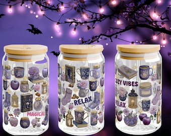 Cozy Purple Libby 16 oz Glass Wrap PNG | kawaii magic png | Magical Relax Aesthetic Drinkware Design | UV DTF Digital Download | Transparent