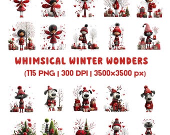 Whimsical Christmas Clipart Bundle | 115 Red Winter Characters PNG | Animals, Fairies, Snowmen, Gifts, Owls | 300 DPI Holiday Graphics