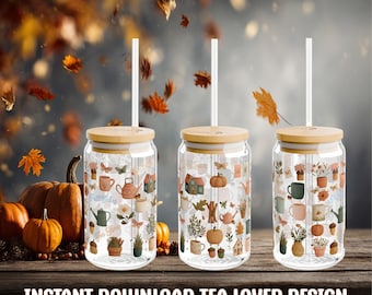 Fall Tea Lover Sipper Glass Wrap | Cozy Autumn PNG Sublimation Design | Floral Pumpkin Mug Digital Download | Fall Vibes Glass Can Wrap