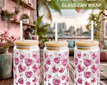 Pink Heart Cherry Glass Can Wrap PNG | Coquette Valentine LibbeyWrap Glitter Heart Cherry Sipper Design | 16 oz UV DTF Sublimation Download