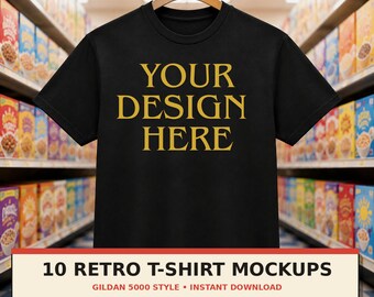 Gildan 5000 Style T-Shirt Mockup Bundle, 10 Retro Grocery and Diner JPGs