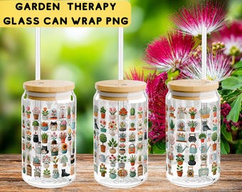 Garden Therapy Glass Can Wrap | Cottagecore Plant Mom Libbey Cup Wrap | Floral & Houseplant Sipper Glass Design | 16 oz UV DTF Sublimation