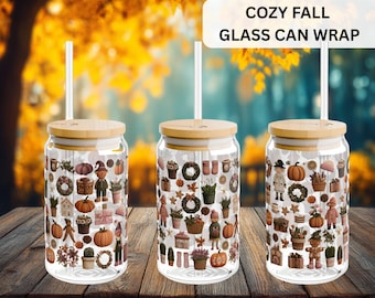 Cozy Cottage Fall Glass Can Wrap PNG | Autumn Pumpkin Libbey Cup Wrap | Rustic Harvest Sipper Glass Design|16 oz UV DTF Sublimation Download