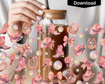 Boots and Bows Glass Can Wrap | Pink Western Cowgirl PNG | Glittering Hat & Disco Ball Sublimation Design | Girly Western Digital Download