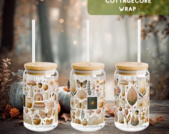 Enchanted Cottagecore Glass Can Wrap PNG | Whimsical Mushroom & Butterfly Libbey Cup Wrap | Boho Book Lover Sipper Glass Design