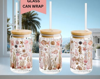 Coastal Seashell Glass Can Wrap PNG | Pink Ocean Libbey Cup Wrap | Jellyfish & Seahorse Tumbler Design | 16 oz Sublimation PNG