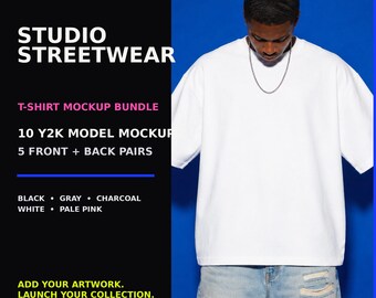 Y2K T-Shirt Mockup Bundle, 10 Front and Back Streetwear Model JPGs