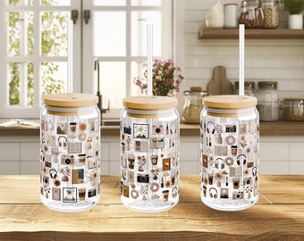 Boho Libby Glass Can Wrap PNG | Digital Download for 16 oz Cup | Cozy Aesthetic Iced Coffee Glass Wrap | Retro Bookish Fall PNG