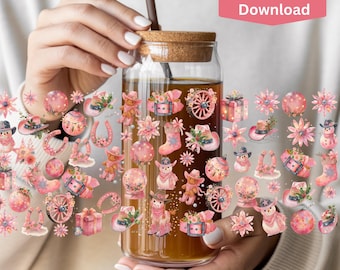 Disco Cowgirl Christmas Glass Can Wrap | Pink Western Holiday PNG | Glitter Boots & Ornaments Sublimation Design | Digital Download