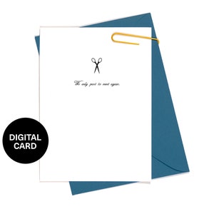 May include: A white card with a pair of scissors and the text "We only part to meet again." The card is attached to a blue envelope with a gold paperclip.