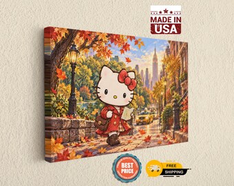 Autumn New York Cat Canvas Wall Art, White Cat and Yellow Taxis, Whimsical Nursery Decor