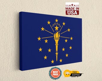 Indiana State Flag Canvas Wall Art - Hoosier Home Decor Print - Patriotic USA Made Gift for Him - Indianapolis Office Decoration Artwork