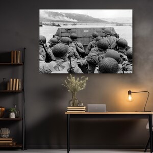 D-Day Normandy Canvas Art American Troops, Omaha Beach Historic Photo (Black and White, Premium Canvas, R image 3