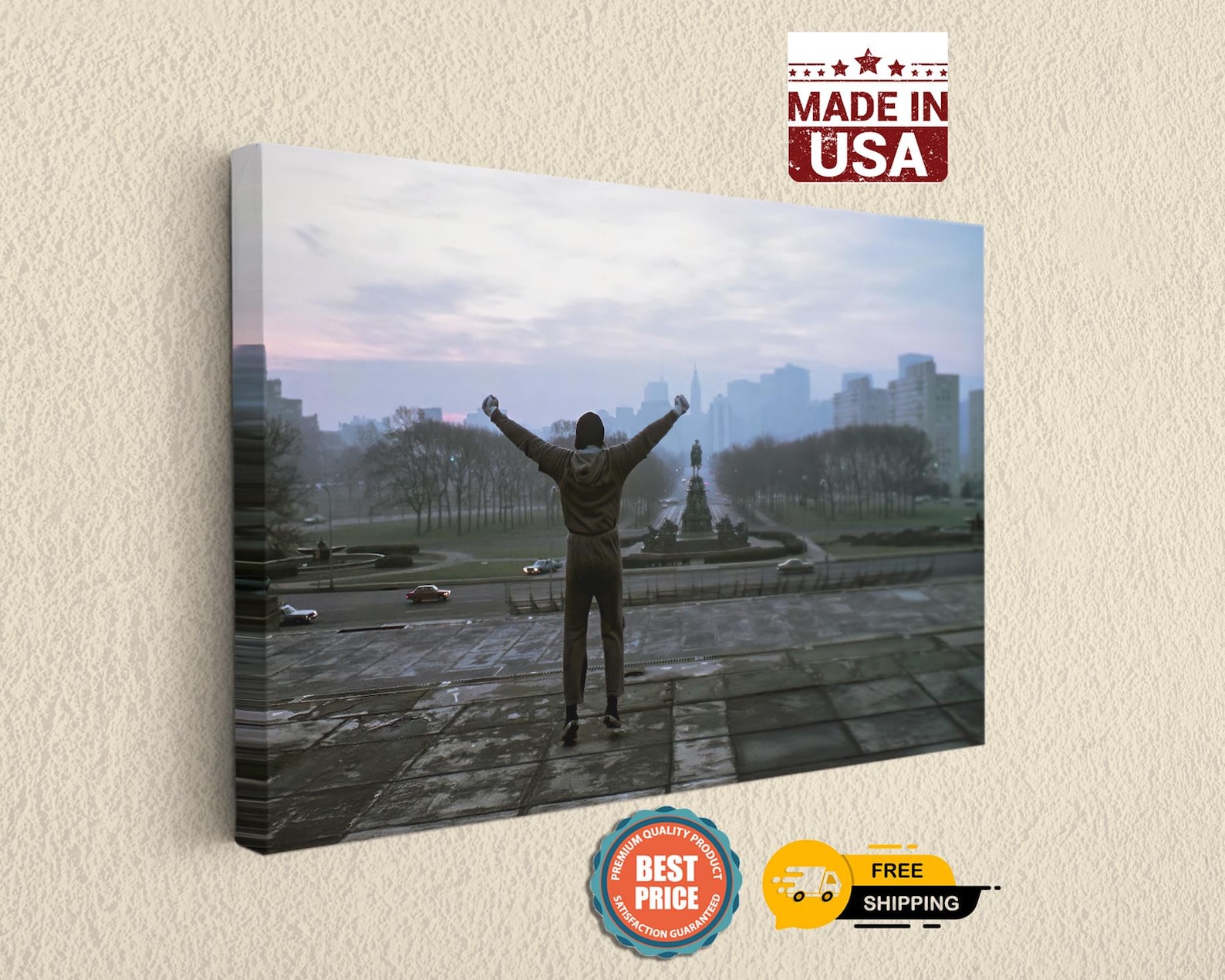 Italian Boxer Triumph Steps Motivation Canvas Art | Iconic Philadelphia Scene Print | Underdog Success Decor | Made in USA - Ready To Hang (Stretched on Wooden Frame), 24" X 36" inches