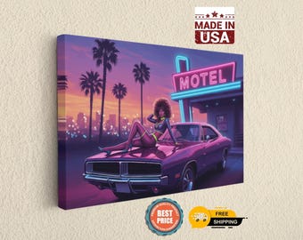 Retro Motel Canvas Print Neon City Wall Art, Classic Muscle Car, Sunset Skyline