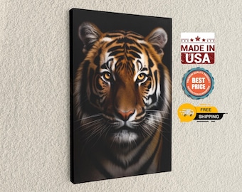 May include: A rectangular canvas wall art print featuring a detailed portrait of a tiger with orange eyes and black stripes against a solid black background. The tiger is shown from the chest up, facing forward with a focused and intense expression.