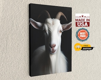 White Goat Portrait Canvas Print, Minimalist Farm Animal Wall Art - Modern Rustic Farmhouse Decor, Moody Livestock Portrait, Billy Goat Gift