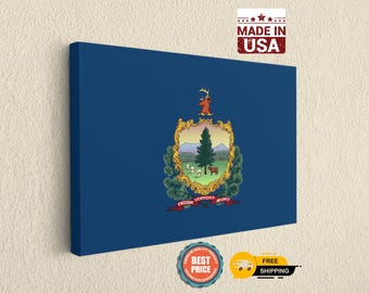 Vermont State Flag Canvas Wall Art, VT Patriotic Home Decor Print, Green Mountain Souvenir Gift, USA Made Office Decoration