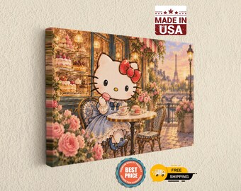 Paris Cafe Cat Canvas Wall Art, White Kitten Tea Party and Eiffel Tower, Pastel Bedroom Decor