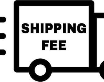May include: A black and white graphic icon of a delivery truck facing right, featuring three horizontal motion lines on the left side and the bold, capitalized text SHIPPING FEE centered within the rectangular cargo area of the vehicle.
