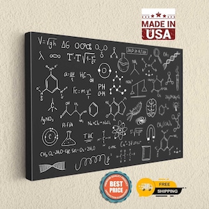 May include: A rectangular black canvas wall art piece featuring white line drawings of various scientific formulas, chemical structures, and laboratory equipment. The design includes symbols for physics, chemistry, and biology, creating a detailed academic pattern across the entire surface.