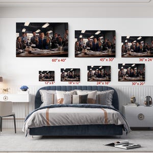 a bed room with a neatly made bed and pictures on the wall
