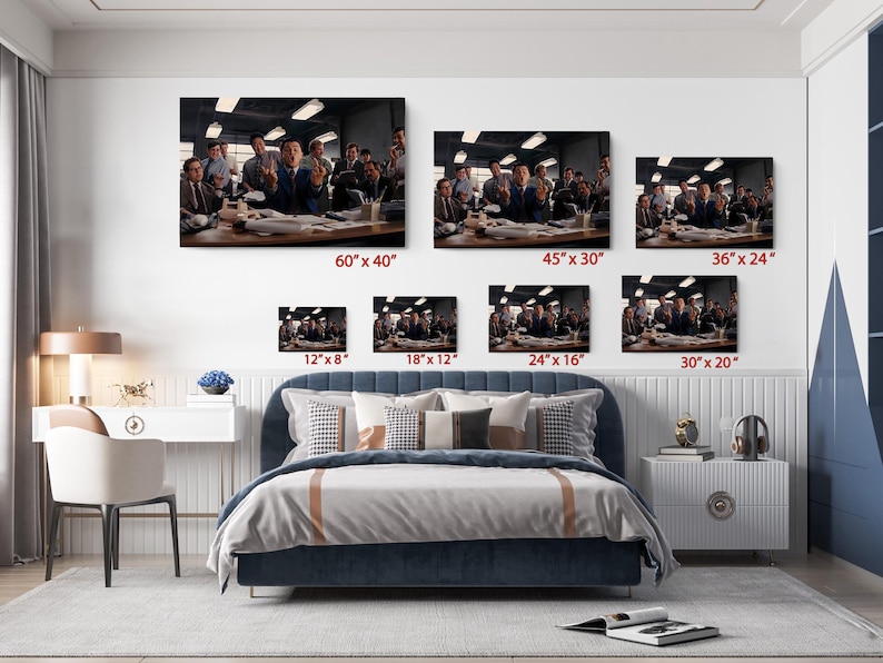 a bed room with a neatly made bed and pictures on the wall