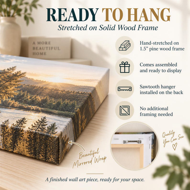 The image is an advertisement for a wall art piece that is ready to hang on a solid wood frame. It features a beautiful landscape painting with a forest scene, and the text highlights the features of the artwork, such as being hand-stretched on a 1.5-foot pine wood frame, coming together, and being a sawtooth hanger installed on the back. The artwork is described as a finished wall art piece, ready for your space, and it is a beautiful mirrored wrap.