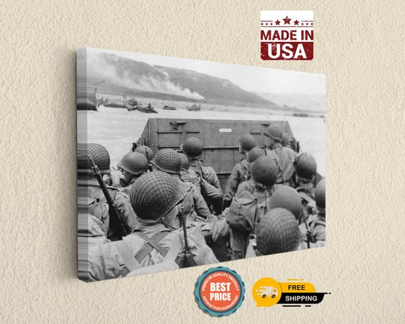 D-Day Normandy Canvas Art American Troops, Omaha Beach Historic Photo (Black and White, Premium Canvas, Hand Stretched, Ready to Hang)