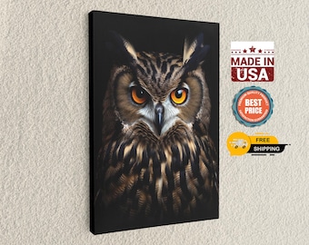 Majestic Owl Wall Art - Large Bird Portrait Canvas Print, Dark Nature Decor for Living Room, Wise Great Horned Owl Painting, Office Gift