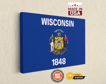 Wisconsin State Flag Canvas Print, US State Wall Art Decor, Made in USA, Badger State Home Decor, Gift,Best Gift For Father