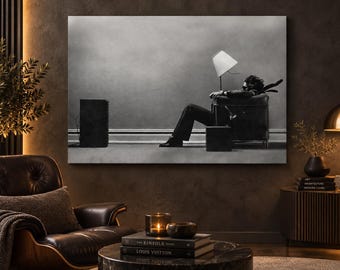 Man Blown Away Speaker Canvas Print, Vintage Sound Art, Black and White Audiophile Wall Decor