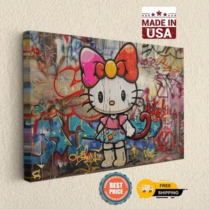 ANIMALS - Graffiti Hello Kitten Cat Art Canvas Print | Hi Little Cuttie Wall Decor | Colorful Street Style