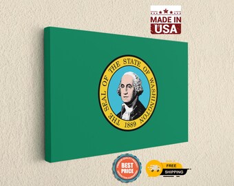 Washington State Flag Canvas Wall Art, Pacific Northwest Home Decor Print - USA Made Office Sign, Seattle Gift & Man Cave Decoration