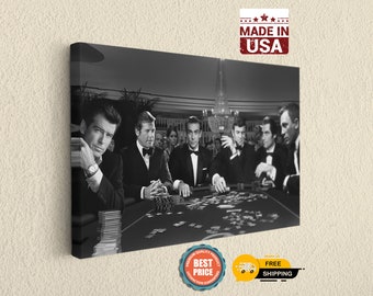 Bonds at Poker Table, Casino Theme, Spy Film Inspired Canvas Print, Handcrafted Wall Decor, Unique Gift for Man Cave or Office