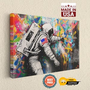 Astronaut Graffiti Canvas Art – Vibrant Space Explorer Wall Decor, Urban Modern Home Decor, Handcrafted Print