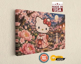 Moonlit Japanese Garden Cat Canvas Wall Art, Pink Kimono and Cherry Blossoms, Nursery Decor