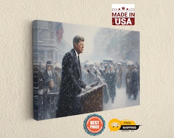 JFK Speech Canvas Art, Historic Inauguration Scene, Black and White Snow Wall Decor,Best Gift For Father