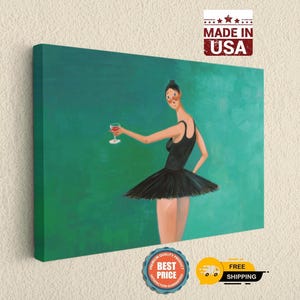 Ballerina Canvas Wall Decor: Modern Pop Art Dance Theme, Vivid Green Background (Handcrafted Canvas, Stretched or Rolled Options Bild 1