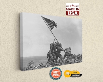 Iwo Jima Flag Raising Art Canvas: Patriotic WWII History Decor, Handcrafted Materials (Gallery Ready, Fade Resistant Ink)
